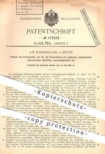 original Patent - A. W. Schwarzlose , Berlin , 1905 , Patrone für Feuerwaffen , Waffe , Waffen , Schusswaffe , Pulver !!