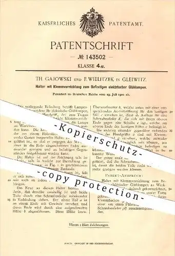 original Patent - Th. Gajowski , F. Wielitzek , Gleiwitz , 1902 , Halter zum Befestigen elektrischer Glühlampen , Lampen