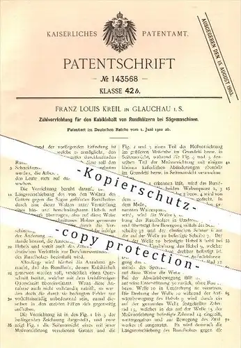 original Patent - F. L. Kreil , Glauchau , 1902 , Zählen des Kubikinhalts von Rundhölzern bei Sägemaschinen , Rauminhalt