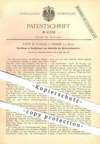 original Patent - Tappe & Cosack in Neheim / Ruhr , 1887 , Knopfpressen zum Umbördeln des Blechscheibenrandes , Knöpfe