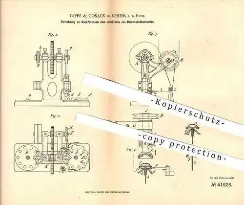 original Patent - Tappe & Cosack in Neheim / Ruhr , 1887 , Knopfpressen zum Umbördeln des Blechscheibenrandes , Knöpfe