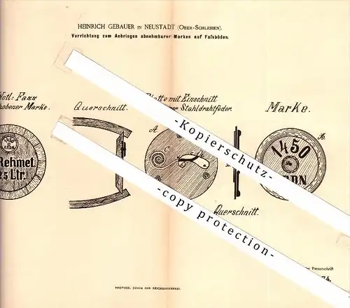 Original Patent - Heinrich Gebauer in Neustadt O.S. / Prudnik , 1886 , Marken für Fässer , Brauerei , Bier , Wein !!!