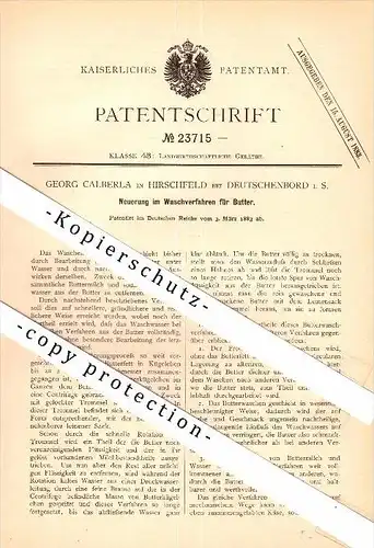 Original Patent - Georg Calberla in Hirschfeld / Reinsberg b. Nossen , 1883 , Waschen von Butter , Deutschenbora !!!