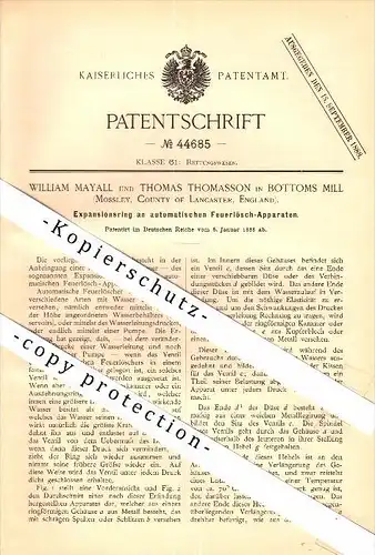 Original Patent - W. Mayall und T. Thomasson in Bottoms Mill ,1888, extinguisher , fire department , Todmorden , Walsden