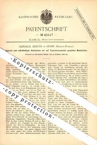 Original Patent - Heinrich Meister in Höhr , Hessen-Nassau , 1886 , Apparat für Piano , Orgel , Höhr-Grenzhausen !!!