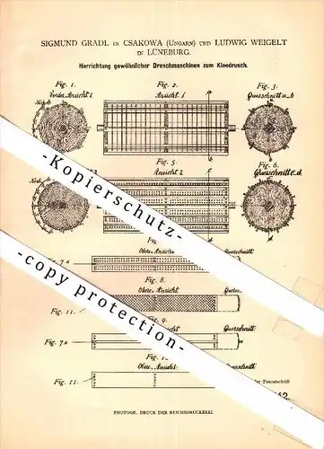 Original Patent - Sigmund Gradl in Csakowa / Ungarn und Ludwig Weigelt in Lüneburg , 1882 , Dreschmaschine für Klee !!!
