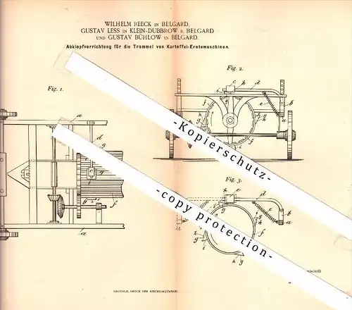 Original Patent - W. Reeck , G. Less und G. Bühlow in Belgard a.d. Persante / Bialogard , 1893 , Kartoffel-Erntemaschine