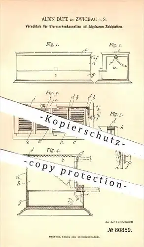 original Patent - Albin Bufe in Zwickau , 1894 , Verschluss für Biermarkenkassetten mit kippbaren Zahlplatten , Bier !!