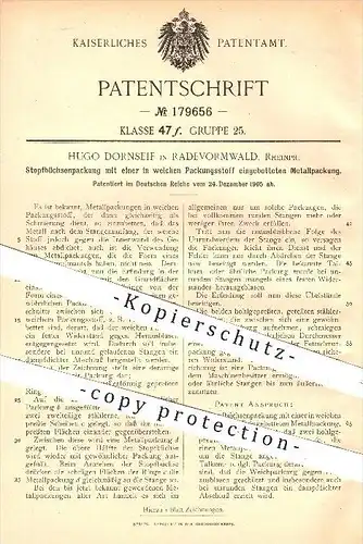 original Patent - Hugo Dornseif , Radevormwald , 1905 , Stopfbüchsen - Packung , Metall , Stopfbüchse , Kolben , Talkum