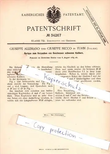 Original Patent  - Giuseppe Allemano und Giuseppe Nicco in Turin , Italien , 1885 , !!!