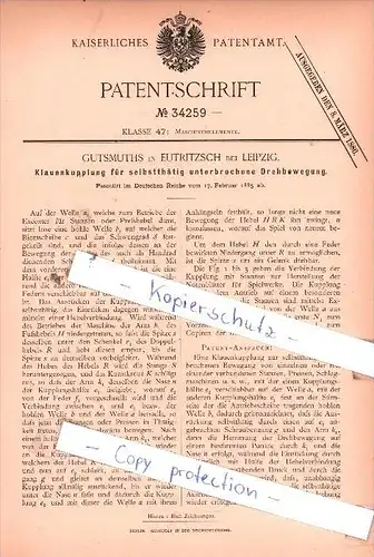 Original Patent  - Gutsmuths in Eutritzsch bei Leipzig , 1885 , Maschinenelemente !!!