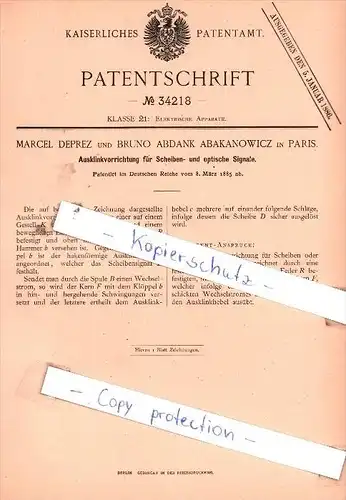 Original Patent  - Marcel Deprez und Bruno Abdank Abakanowicz in Paris , 1885 , !!!