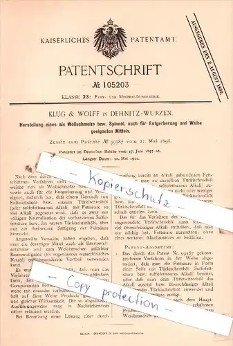 Original Patent  - Klug & Wolff in Dehnitz-Wurzen , 1897 , Fett- und Mineralölindustrie !!!