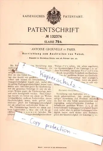 Original Patent  - Antonie Grouvelle in Paris , 1901 , Vorrichtung zum Ausbreiten von Tabak !!!