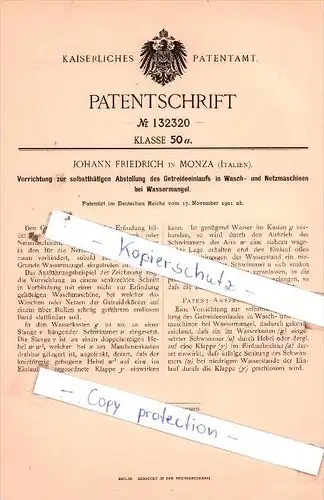 Original Patent  - Johann Friedrich in Monza , Italien , 1901 , Abstellung des Getreideeinlaufs !!!