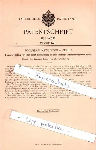 Original Patent  - Boguslaw Nawrotzki in Berlin , 1901 , Bremsvorrichtung !!!