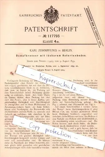 Original Patent  - Karl Zehnpfund in Berlin , 1899 , Dampfbrenner mit Retortenboden !!!