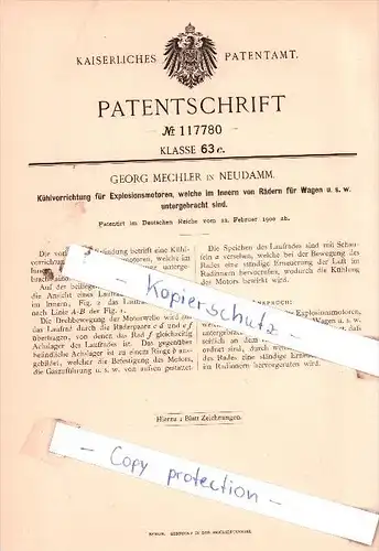 Original Patent  - Georg Mechler in Neudamm , 1900 ,  Kühlvorrichtung für Explosionsmotoren !!!