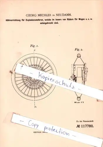 Original Patent  - Georg Mechler in Neudamm , 1900 ,  Kühlvorrichtung für Explosionsmotoren !!!