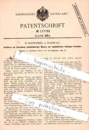 Original Patent  - M. Bärwinkel in Hamburg , 1899 , Herstellung kautschukartiger Massen !!!