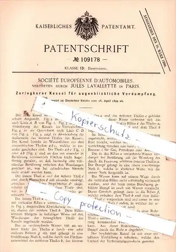 Original Patent  - Jules Lavallette in Paris , 1899 , Dampfkessel !!!