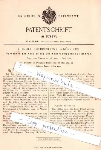 Original Patent  - H. F. Loos in Nürnberg , 1899 , Herstellung von Fahrradnippeln !!!