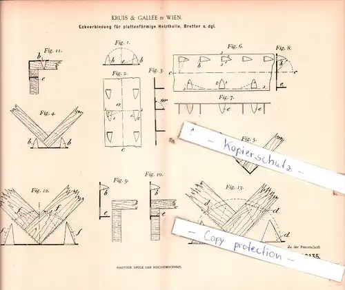 Original Patent  - Kruis & Gallèe in Wien , 1898 , Eckverbindungen für Holztheile, Bretter u. dgl. !!!