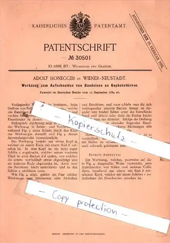 Original Patent  - Adolf Honegger in Wiener-Neustadt , 1884 , Werkzeuge und Geräthe !!!
