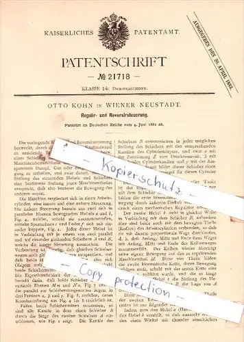 Original Patent  - Otto Kohn in Wiener-Neustadt , 1882 , Regulir- und Reversirsteuerung !!!