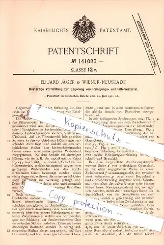 Original Patent  -  Eduard Jäger in Wiener-Neustadt , 1901 , Lagerung von Reinigungs- und Filtermaterial !!!