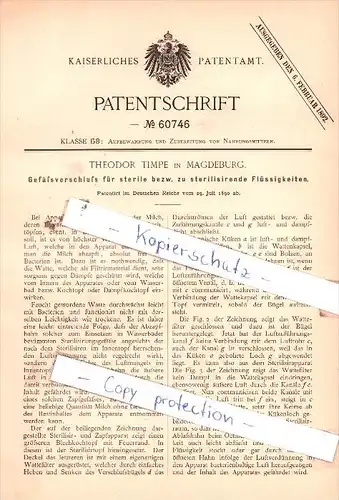 Original Patent  - Theodor Timpe in Magdeburg , 1890 , Aufbewahrung von Nahrungsmitteln !!!