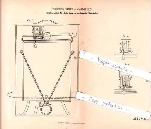 Original Patent  - Theodor Timpe in Magdeburg , 1890 , Aufbewahrung von Nahrungsmitteln !!!