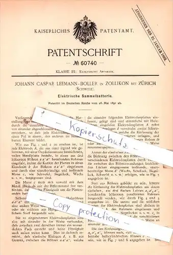 Original Patent  - J. C. Leemann-Boller in Zollikon bei Zürich , 1891 , Elektrische Sammelbatterie !!!