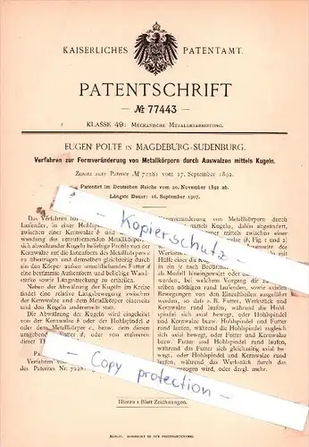 Original Patent  - Eugen Polte in Magdeburg-Sudenburg , 1892 ,  Verfahren zur Formveränderung !!!