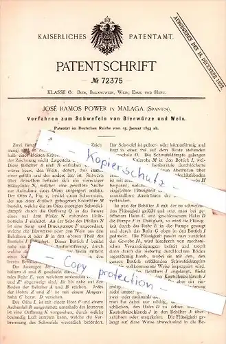 Original Patent  - Josè Ramos Power in Malaga , Spanien , 1893 , Schwefeln von Bierwürze !!!