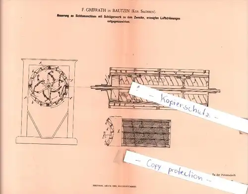 Original Patent  - F. Grefrath in Bautzen , Kgr. Sachsen , 1886 , Neuerung an Sichtmaschinen !!!