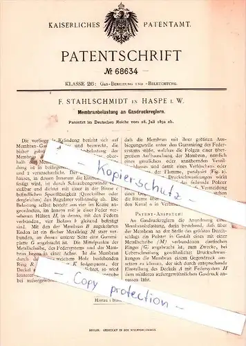 Original Patent  - F. Stahlschmidt in Haspe i. W. , 1892 , Membranbelastung an Gasdruckreglern !!!