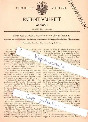 Original Patent  - Ferdinand Franz Rotter in Grulich / Králiky , Böhmen , 1888 , Spinnerei !!!