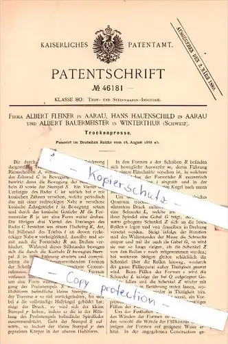 Original Patent  -  Firma A. Fleiner und H. Hauenschild in Aarau und A. Bauermeister in Winterthur !!!