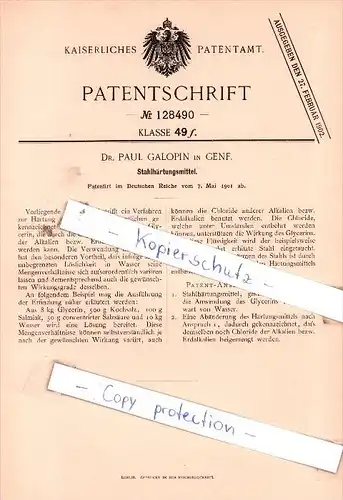 Original Patent  - Dr. Paul Galopin in Genf , 1901 , Stahlhärtungsmittel !!!