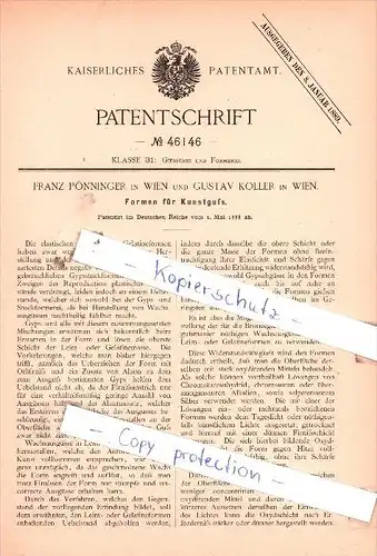 Original Patent  -  F. Pönninger und G. Koller in Wien , 1888 , Formen für Kunstguß !!!