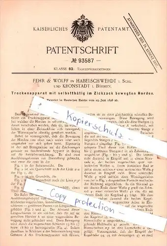 Original Patent  - Fehr & Wolff in Habelschwerdt / Schlesien und Kronstadt / Böhmen , 1896 ,  !!!