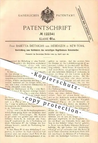 original Patent - Babetta Dietrichs - Heberlein , New York , 1900 , Verhindern des vorzeitigen Begräbnisses Scheintoter