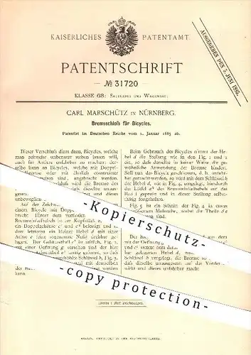 original Patent - Carl Marschütz in Nürnberg , 1885 , Bremsschloss für Bicycles , Schloss , Fahrrad , Fahrräder , Rad !!