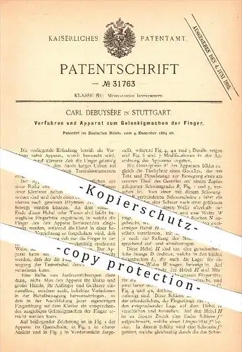 original Patent - C. Debuysère , Stuttgart , 1884 , Apparat zum Gelenkigmachen der Finger , Klaviatur , Musikinstrumente