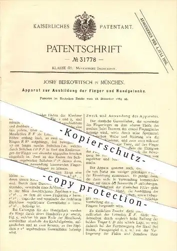 original Patent - J. Berkowitsch , München , 1884 , Ausbildung der Finger u. Handgelenke , Klaviatur , Klavier , Musik