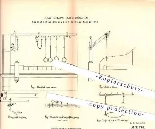 original Patent - J. Berkowitsch , München , 1884 , Ausbildung der Finger u. Handgelenke , Klaviatur , Klavier , Musik