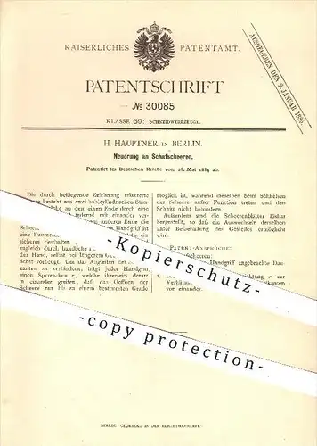 original Patent - H. Hauptner in Berlin , 1884 , Schaf - Schere ,  Scheren , Schneidwerkzeuge , Werkzeug , Schneiden !