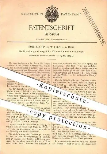 original Patent - E. Klopp , Witten / Ruhr , 1885 , Seitenkupplung für Eisenbahnen , Eisenbahn , Kupplungen , Lokomotive