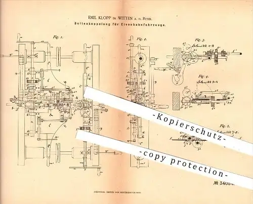 original Patent - E. Klopp , Witten / Ruhr , 1885 , Seitenkupplung für Eisenbahnen , Eisenbahn , Kupplungen , Lokomotive